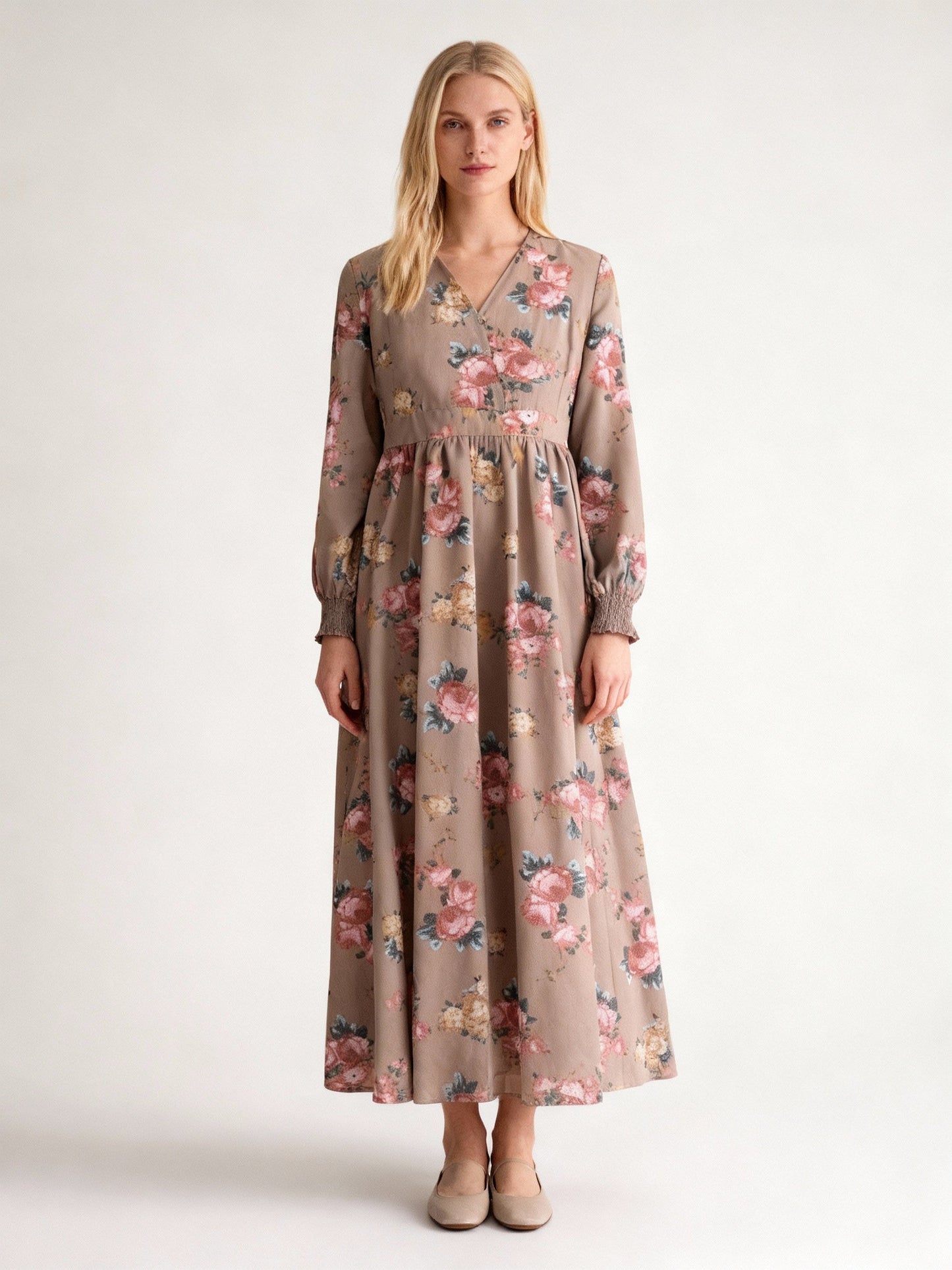 Dulcira | Patterned Printed Long-Sleeved Pleated Dress