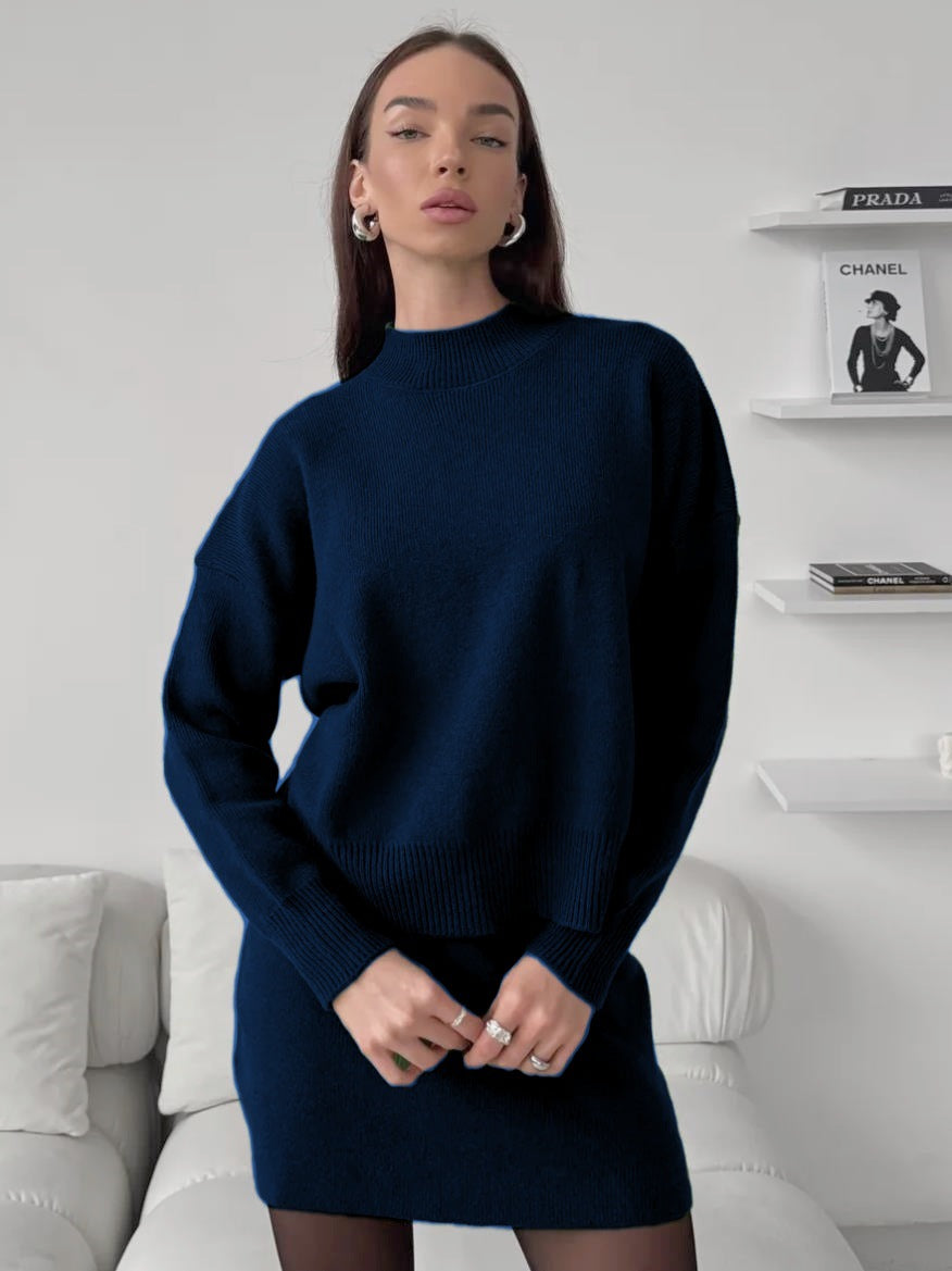 Dulcira | Women cozy knitted ensemble with high-neck design and flared skirt