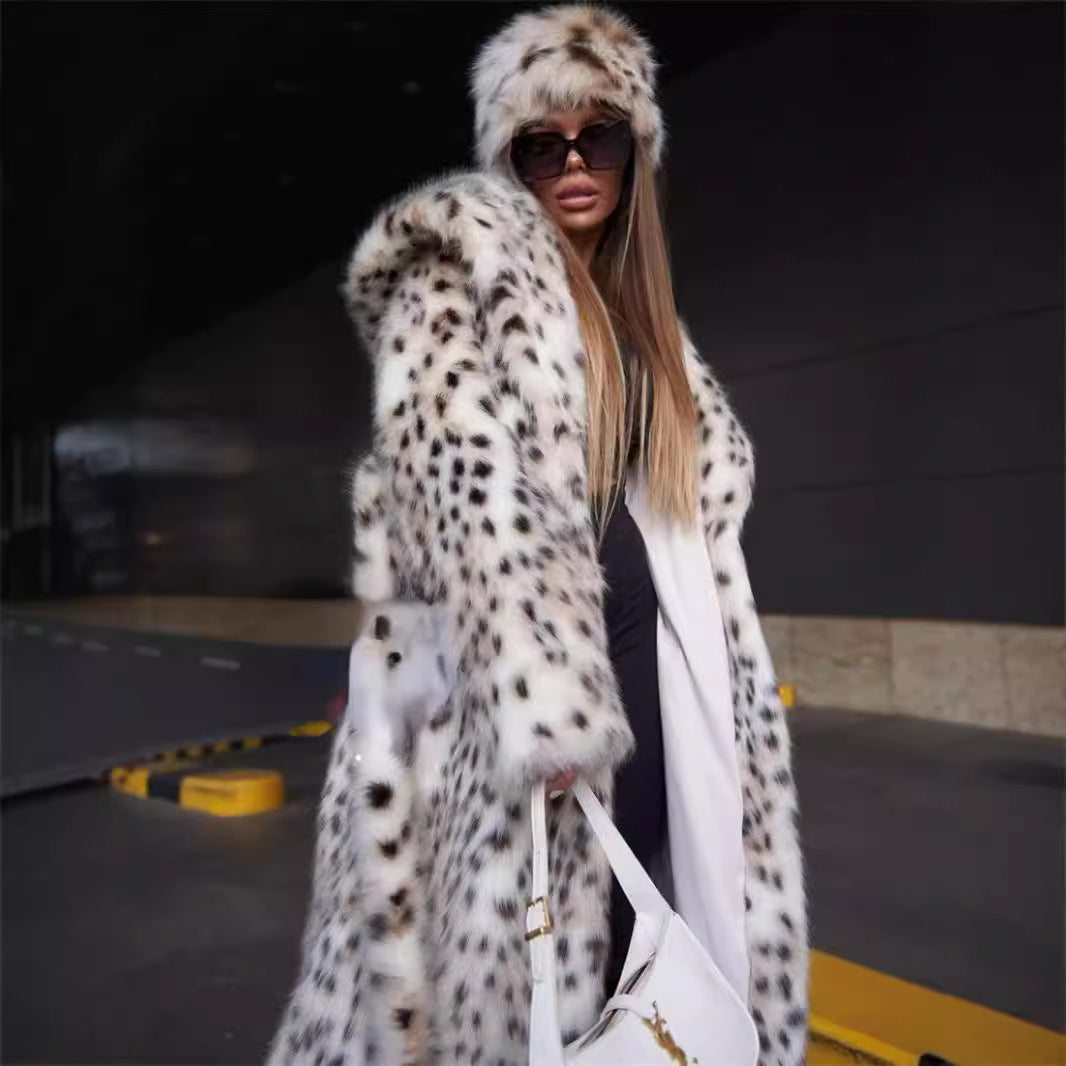Women's Fluffy Faux Fur Coat with High Collar and Unique Pattern