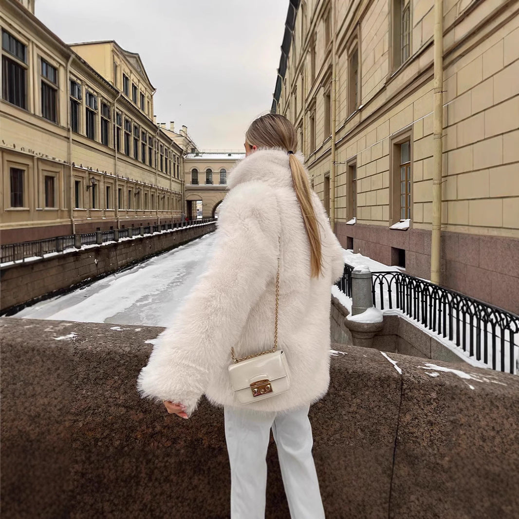 Women Fluffy Faux Fur Jacket with Open Cut