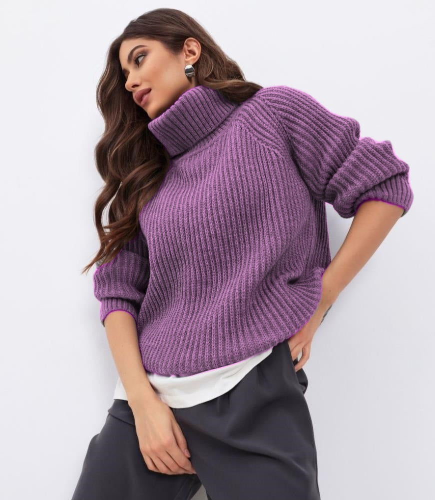 Dulcira | Women's Knitted Sweater with High Collar and Honeycomb Texture