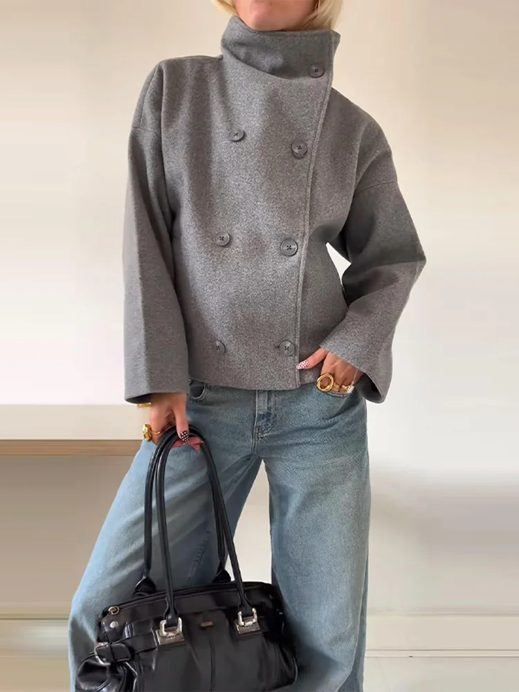Women's Wool Blend Short Coat with Oversized Fit & Stand Collar Dulcira