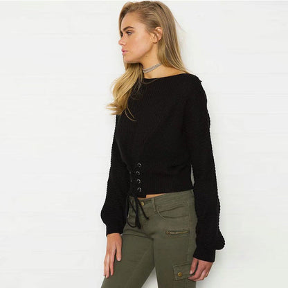 Dulcira | Women Cropped Knit Sweater With Trendy Lacing
