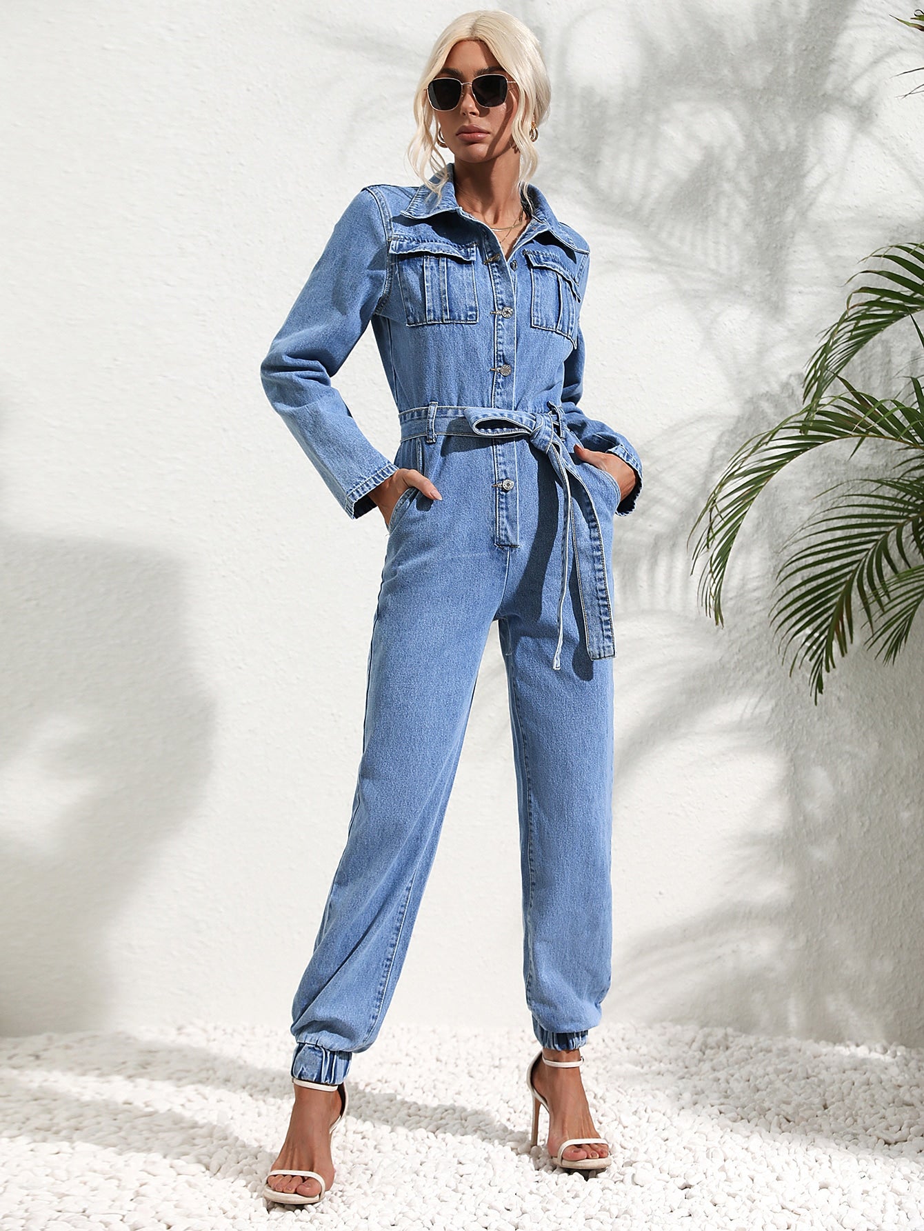 Dulcira | Jumpsuit with Patch Pocket and Denim Belt