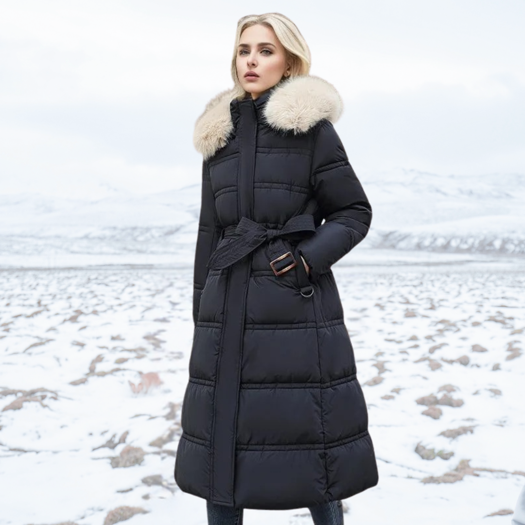 Dulcira | Long Winter Jacket Puffer Design Faux Fur Hood Tailored Belt Warm and Insulating