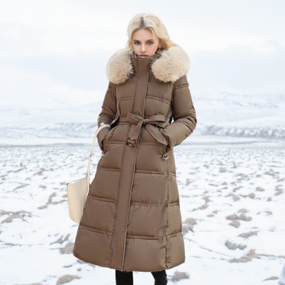 Dulcira | Long Winter Jacket Puffer Design Faux Fur Hood Tailored Belt Warm and Insulating