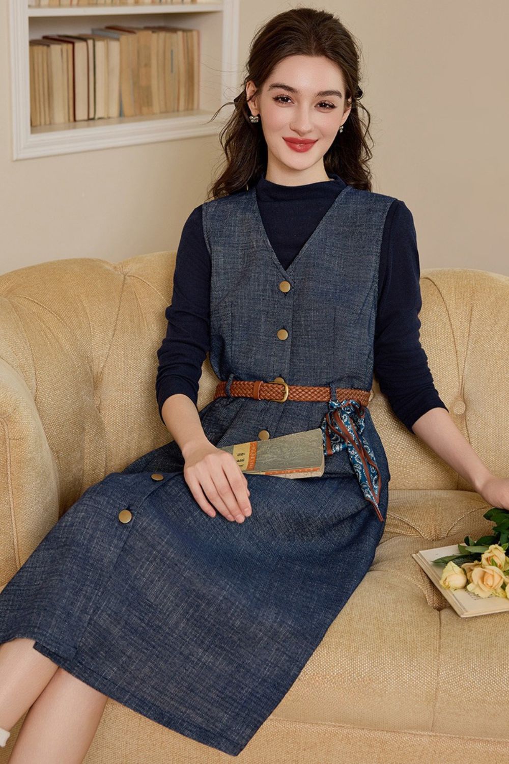 Model sitting on a sofa wearing long-sleeve navy denim dress with belt detail