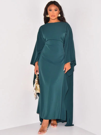 Dulcira | Elegant Maxi Dress with Round Neckline & Wide Sleeves – Women's Evening Dress with High Waist Long Dress for Festive Occasions