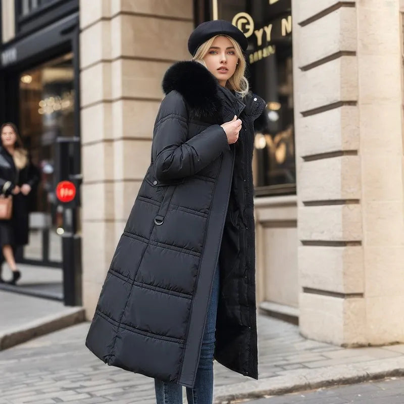 Dulcira | Women's Long Winter Coat with Fur Hood and Belt
