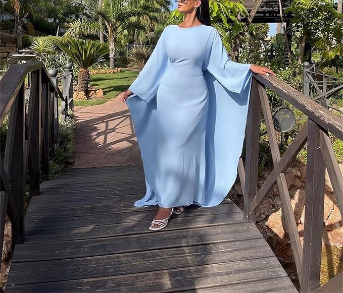 Dulcira | Elegant Maxi Dress with Round Neckline & Wide Sleeves – Women's Evening Dress with High Waist Long Dress for Festive Occasions