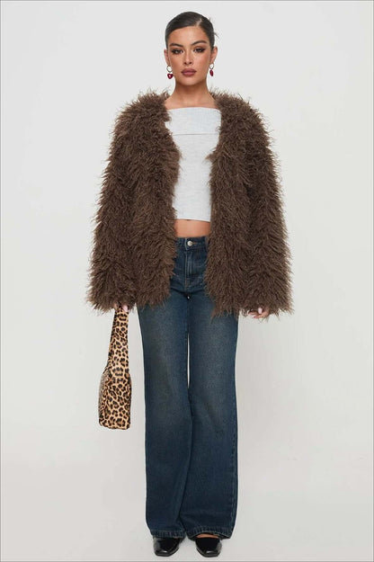 Dulcira | Fluffy Brown Faux Fur Oversized Jacket