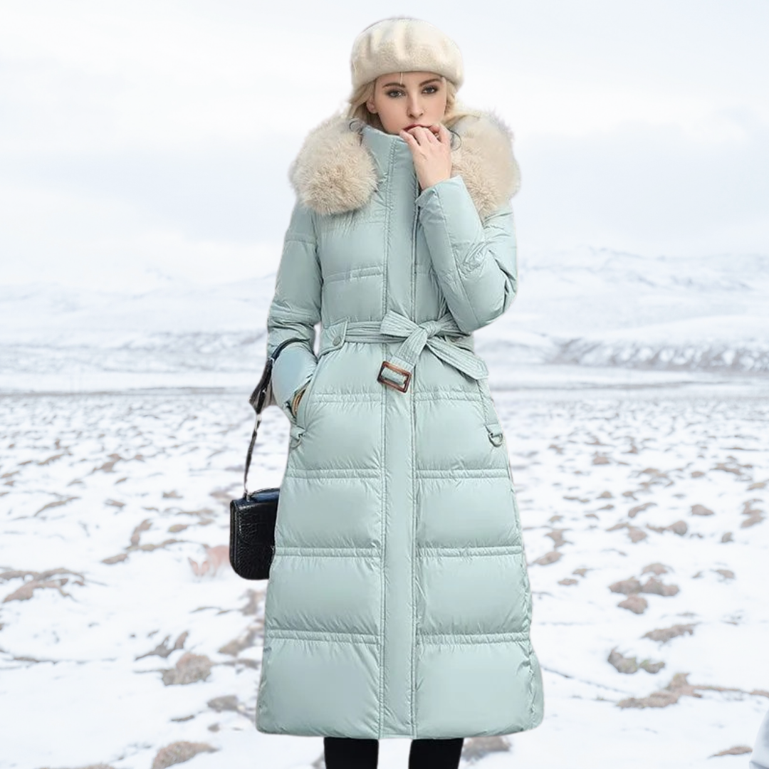 Dulcira | Long Winter Jacket Puffer Design Faux Fur Hood Tailored Belt Warm and Insulating