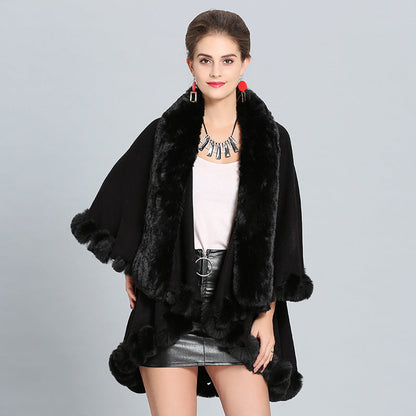 Dulcira | Women's Hooded Poncho with Luxurious Fur Collar and Elegant Trim