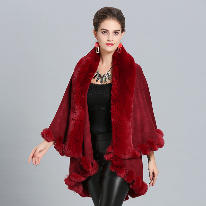 Dulcira | Women's Hooded Poncho with Luxurious Fur Collar and Elegant Trim