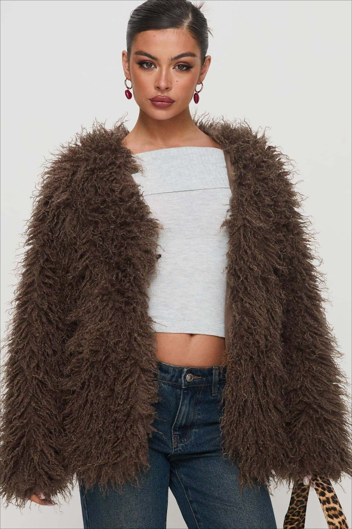 Dulcira | Fluffy Brown Faux Fur Oversized Jacket