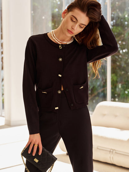 Dulcira | Cardigan with Decorative Buttons and Pockets Round Neck Elegant and Classic