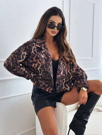 Dulcira | Short Leopard Motorcycle Jacket with Buttons, Long Sleeve, Women, Elegant, Casual, Fashion Perfecto