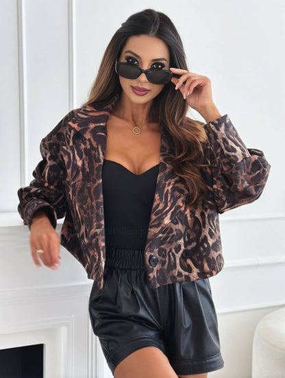 Dulcira | Short Leopard Motorcycle Jacket with Buttons, Long Sleeve, Women, Elegant, Casual, Fashion Perfecto