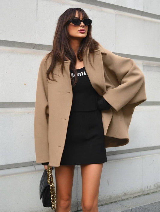 Dulcira | Mid-Length Wool Coat with Notched Collar Pockets Batwing Sleeves Long Sleeves Women Elegant Casual Oversized Jacket