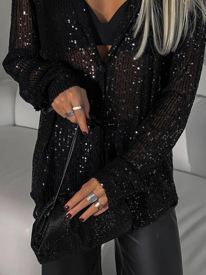 Dulcira | Blouse Brillante Sequins Shirt Collar Shirt Long Sleeves Women Elegant Casual Oversized
