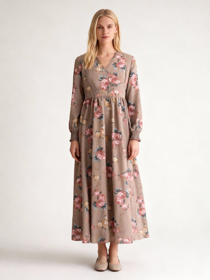 Dulcira | Patterned Printed Long-Sleeved Pleated Dress