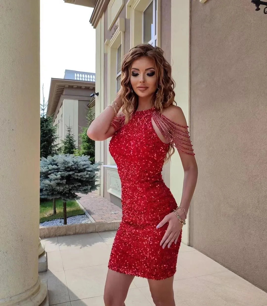 Dulcira | Sleeveless Sequin Party Dress with Hip Skirt