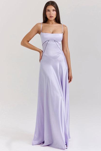 Dulcira | Evening Dress Satin Shine Spaghetti Straps Backless Slim Cut Elegant Dress
