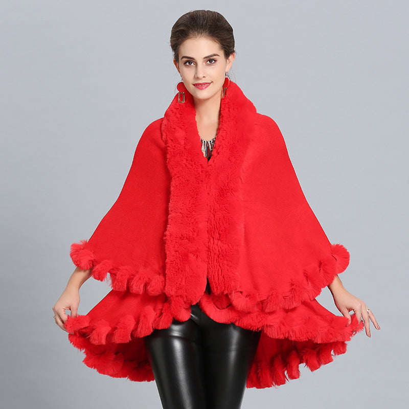 Dulcira | Women's Hooded Poncho with Luxurious Fur Collar and Elegant Trim