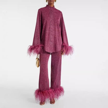 Dulcira | Autumn Winter Feather Stand Collar Long Sleeve Top and Pants Set