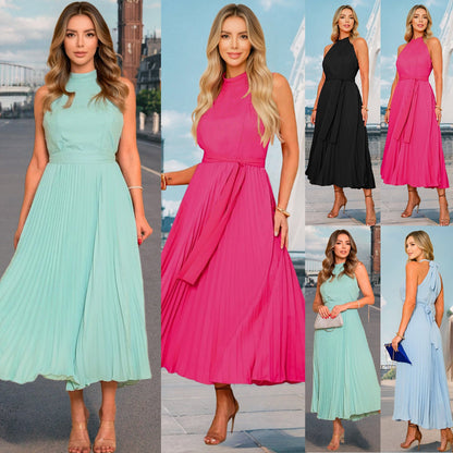 Women's Pleated Maxi Dress with Elegant Round Neckline and Flowing Fall Dulcira