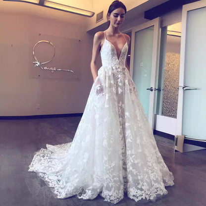 Ladies Wedding Dress with Deep V-Neck and Delicate Lace Dulcira