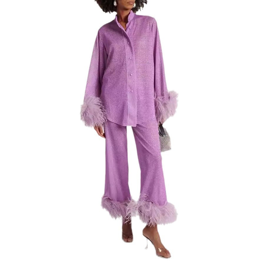 Dulcira | Autumn Winter Feather Stand Collar Long Sleeve Top and Pants Set