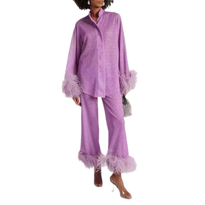 Dulcira | Autumn Winter Feather Stand Collar Long Sleeve Top and Pants Set