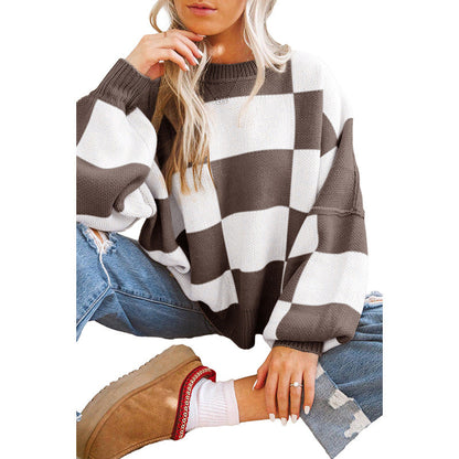 Dulcira | Women's Oversized Sweater with Check Pattern and Voluminous Sleeves