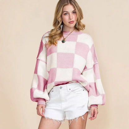 Dulcira | Women's Oversized Sweater with Check Pattern and Voluminous Sleeves