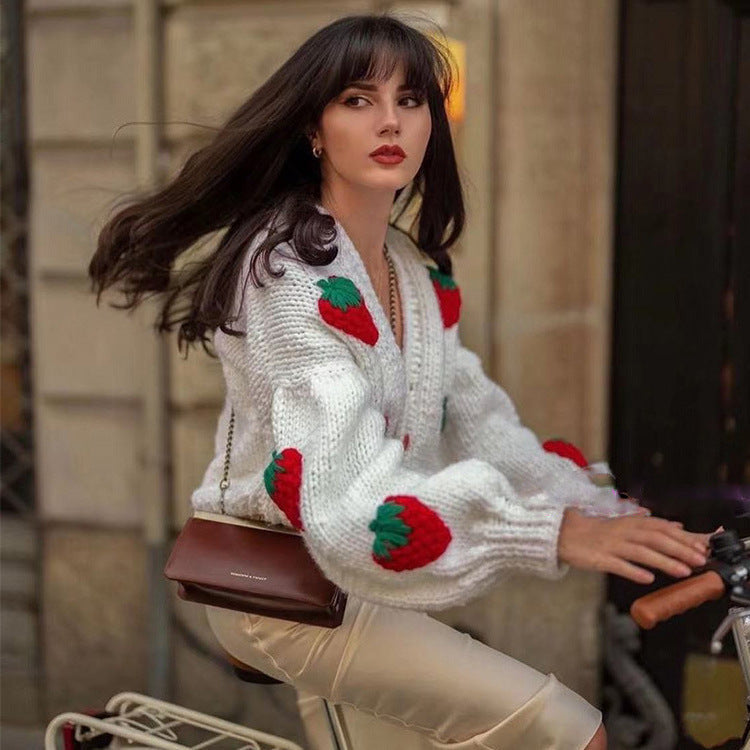 Dulcira | Women Cozy Cardigan with Cheerful Strawberry Pattern and Button Details