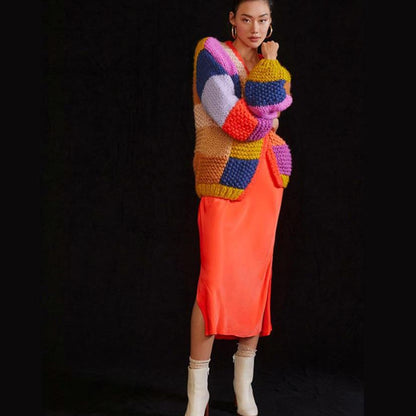 Dulcira | Women's Chunky Knit Cardigan with Colorful Patchwork Design