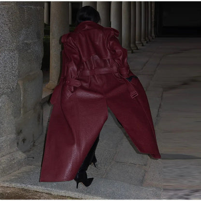 Dulcira | Women's Oversized Faux Leather Trench Coat with High Collar and Removable Belt