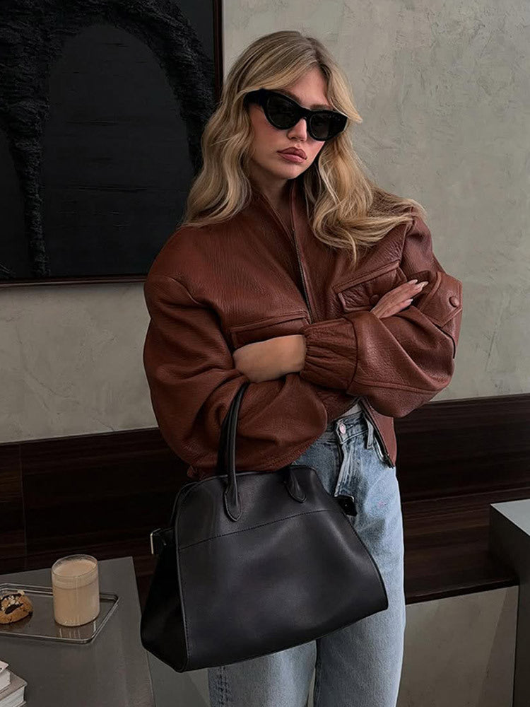 Dulcira | Women's Casual Leather Jacket With Voluminous Sleeves