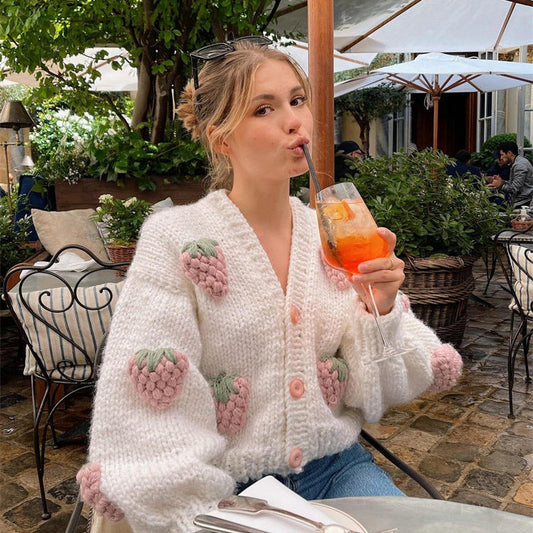 Dulcira | Women Cozy Cardigan with Cheerful Strawberry Pattern and Button Details