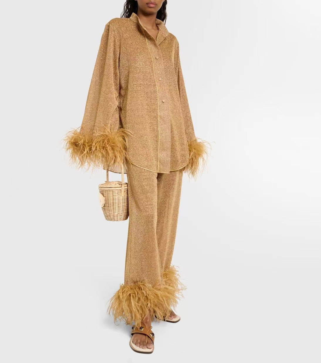 Dulcira | Autumn Winter Feather Stand Collar Long Sleeve Top and Pants Set