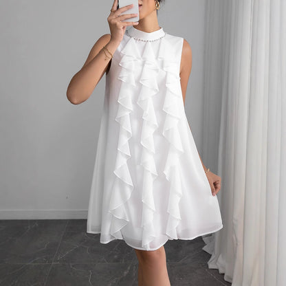 Women's Chiffon Dress with Voluminous Ruffle Details and Elegant Stand Collar Dulcira