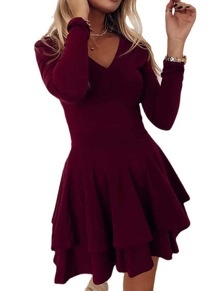 Ladies Casual V-Neck Mini Dress with Voluminous Ruffle Hem Dulcira