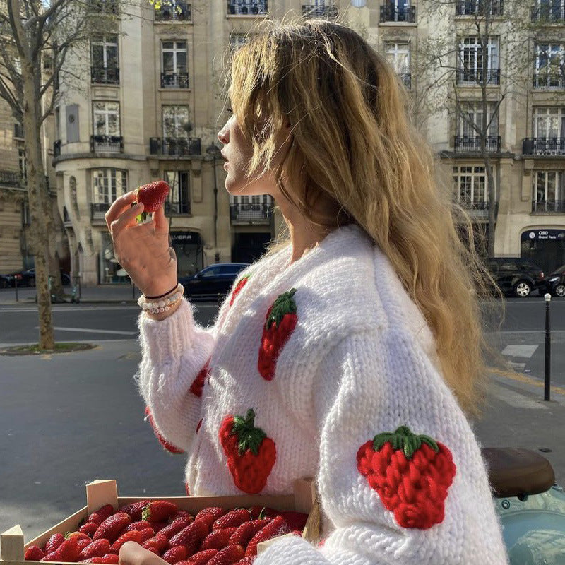 Dulcira | Women Cozy Cardigan with Cheerful Strawberry Pattern and Button Details
