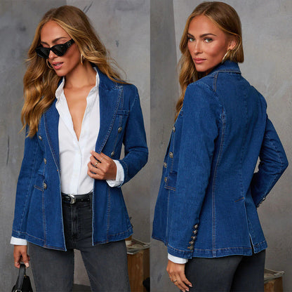 Ladies Denim Blazer In Elegant Double-Breasted Style Dulcira