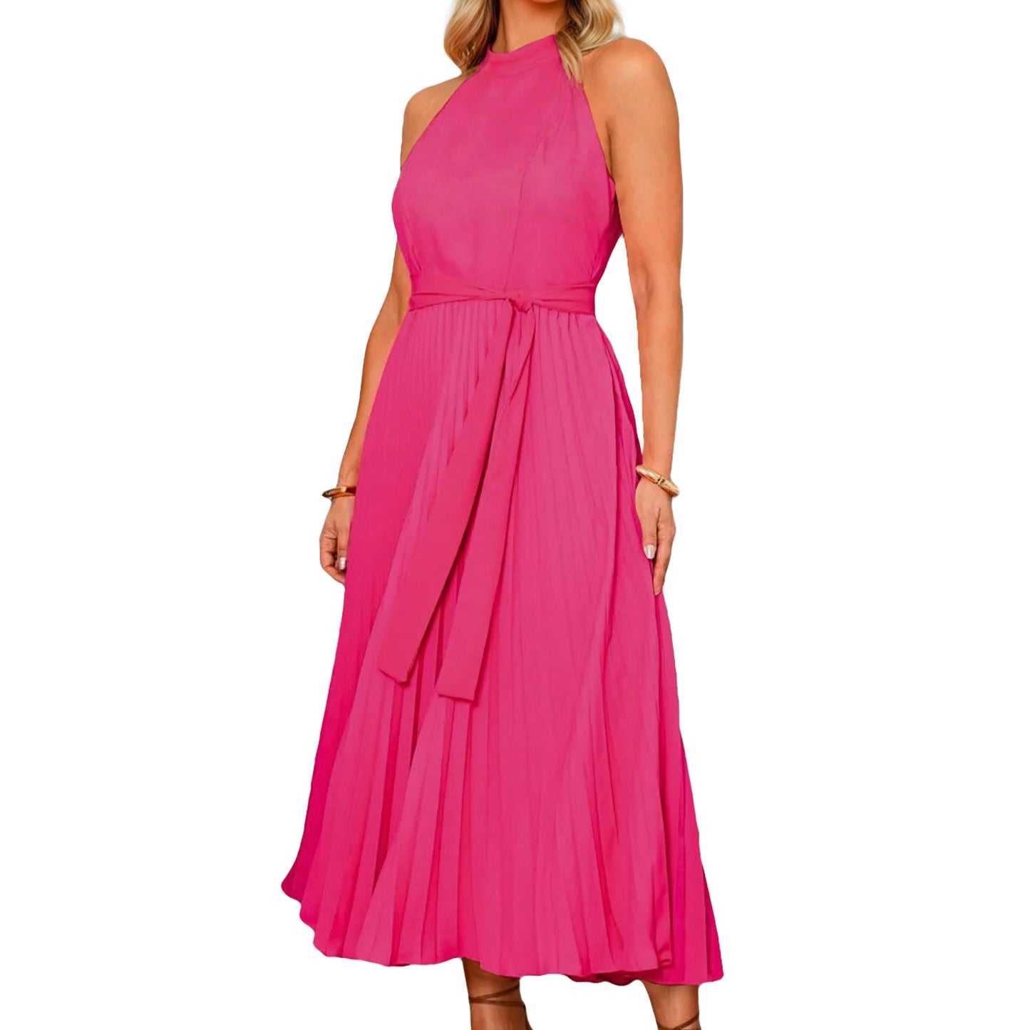 Women's Pleated Maxi Dress with Elegant Round Neckline and Flowing Fall Dulcira
