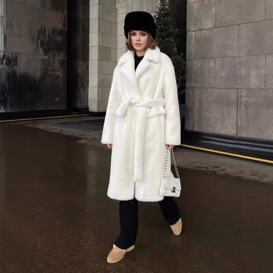 Women's Cozy Faux Fur Coat with Wide Lapel Collar and Belt