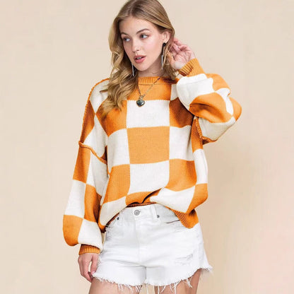 Dulcira | Women's Oversized Sweater with Check Pattern and Voluminous Sleeves