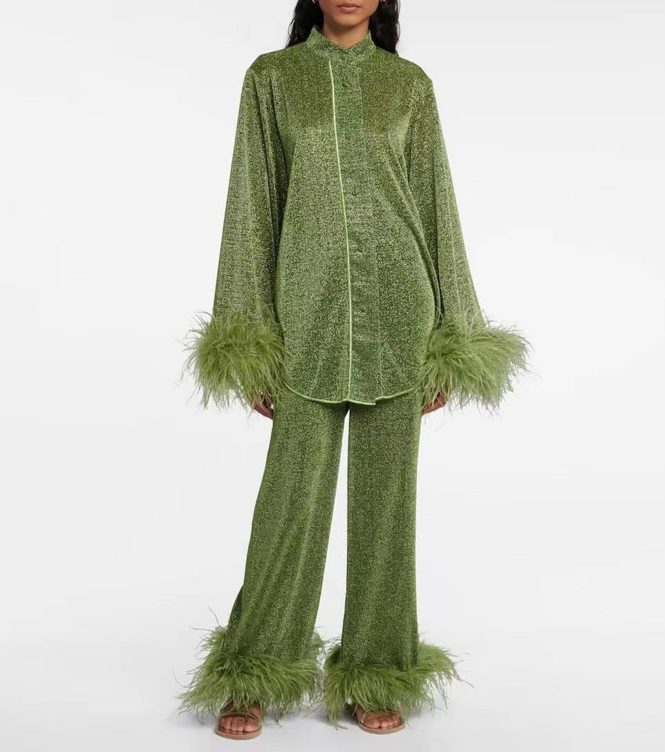 Dulcira | Autumn Winter Feather Stand Collar Long Sleeve Top and Pants Set