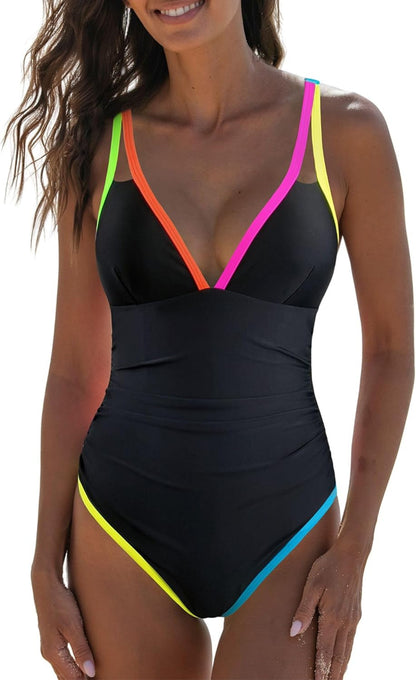 Women's One-Piece Swimsuit with Colorful Accents and Fashionable V-Neck Dulcira